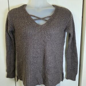 Pink Clover Soft Women’s Brown Knit Sweater Small Criss Cross V Neck Ribbed